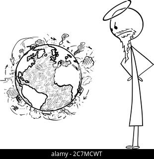 Vektor Cartoon Stick Figur Zeichnung konzeptionelle Illustration von Christian gott beobachten Gewalt und Kriege auf der Oberfläche des Planeten Erde. Stock Vektor