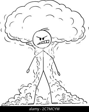 Vektor Cartoon Stick Figur Zeichnung konzeptionelle Illustration von wütend, wütend wütenden Mann zum Ausdruck bringt seine Emotion mit atomaren oder nuklearen Explosion auf Hintergrund. Stock Vektor