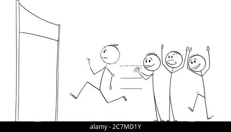 Vektor Cartoon Stick Figur Zeichnung konzeptionelle Illustration des Menschen oder Geschäftsmann läuft, um das Rennen für den Erfolg, Sieg auf der Ziellinie, Herausforderung Konzept zu beenden. Die Menge der Mitarbeiter applaudiert, Stock Vektor