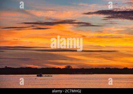 Sonnenaufgang über dem Amazonas um 6 Uhr morgens mit einem weiten Flussufer, der vor dem dramatischen orange-roten und gelben Morgenhimmel silhouettiert wurde. Stockfoto