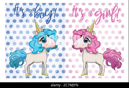 Baby Dusche Grußkarte mit niedlichen Cartoon Einhorn Mädchen Stock Vektor