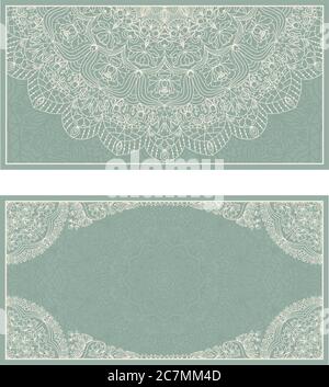Set von Hochzeitseinladungen oder Grußkarten mit Blumenmandala in grün und beige. Visitenkarte. Postkarte. Vintage-Deko-Elemente. Vektor. Stock Vektor