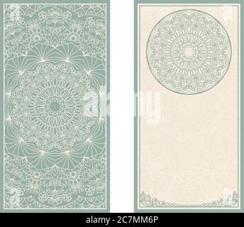 Set von Hochzeitseinladungen oder Grußkarten mit Blumenmandala in grün und beige. Visitenkarte. Postkarte. Vintage-Deko-Elemente. Vektor. Stock Vektor