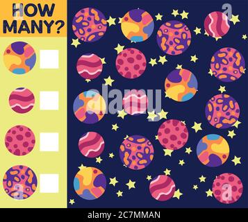 Zählspiel für Vorschulkinder. Pädagogisch ein mathematisches Spiel. Zählen Sie, wie viele Raumschiffe Stock Vektor