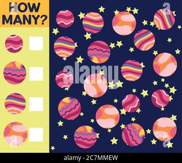 Zählspiel für Vorschulkinder. Pädagogisch ein mathematisches Spiel. Zählen Sie, wie viele Raumschiffe Stock Vektor