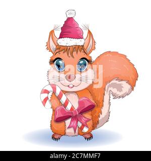 Niedliche Cartoon Eichhörnchen mit schönen Augen in einem Weihnachtsmann Hut mit einem Weihnachtsgeschenk, Zuckerrohr, Ball Stock Vektor