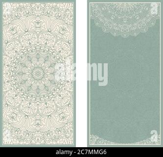 Set von Hochzeitseinladungen oder Grußkarten mit Blumenmandala in grün und beige. Visitenkarte. Postkarte. Vintage-Deko-Elemente. Vektor. Stock Vektor
