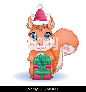 Niedliche Cartoon Eichhörnchen mit schönen Augen in einem Weihnachtsmann Hut mit einem Weihnachtsgeschenk, Zuckerrohr, Ball Stock Vektor