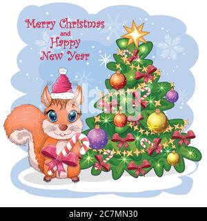 Niedliche Cartoon Eichhörnchen mit schönen Augen in einem Weihnachtsmann Hut mit einem Weihnachtsgeschenk, Zuckerrohr, Ball in der Nähe eines verzierten Weihnachtsbaum Stock Vektor