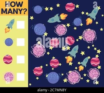 Zählspiel für Vorschulkinder. Pädagogisch ein mathematisches Spiel. Zählen Sie, wie viele Raumschiffe Stock Vektor
