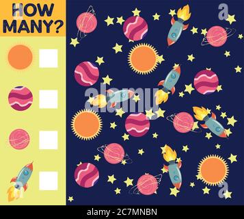 Zählspiel für Vorschulkinder. Pädagogisch ein mathematisches Spiel. Zählen Sie, wie viele Raumschiffe Stock Vektor