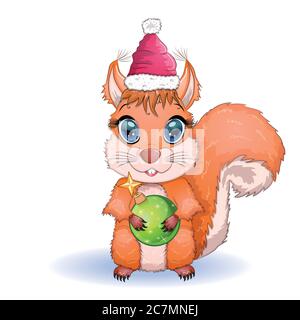 Niedliche Cartoon Eichhörnchen mit schönen Augen in einem Weihnachtsmann Hut mit einem Weihnachtsgeschenk, Zuckerrohr, Ball Stock Vektor