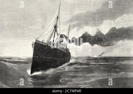 Das United States Alliance Dampfschiff, das vom spanischen Schiff Conde de Venadito in den Gewässern von Cape oder Punta Maisi gejagt wurde. Von La Ilustracion Española y Americana 1895 Stockfoto