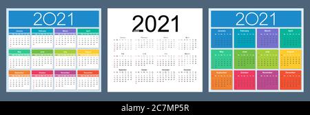 Kalender 2021 Jahr. Bunte englische Set. Die Woche beginnt am Sonntag. Vektorvorlagen-Sammlung. Grundraster. Isolierte Abbildung. Stock Vektor