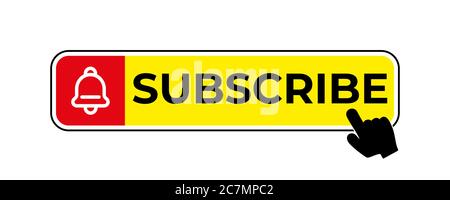 Schaltfläche „Abonnieren“ für soziale Medien. Abonnieren Sie Video-Kanal, Blog und Newsletter. Rote Taste mit Hand und Glocke für Anmeldung. Vektor Stock Vektor