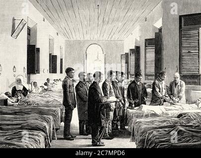 Krankenhaus zur Heilung der spanischen Verwundeten im Kuba-Krieg 1895. Von La Ilustracion Española y Americana 1895 Stockfoto