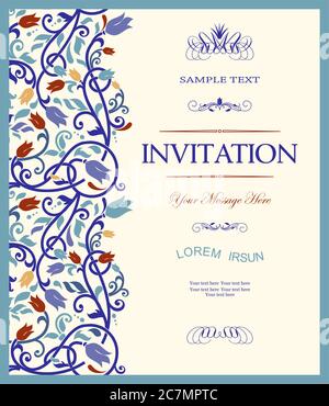 Vintage Einladung oder Hochzeitskarte mit Blumenmuster. Vintage-Rahmen mit Platz für Text auf einem nahtlosen Hintergrund. Vektor. Stock Vektor