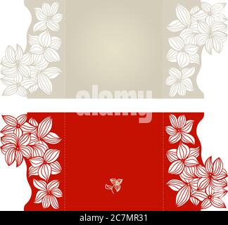 Layout Einladungskarte mit Blumenmuster in roter Farbe für Hochzeiten und andere Feiern. Geeignet für Laserschneiden. Umschlag öffnen. Stock Vektor