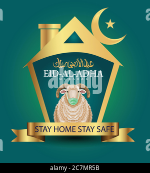 Islamische Holiday Eid Al Adha Mubarak mit Schaf, Maske und Halbmond. Design for Islam Festival Kurban Bayram Karte oder Poster Stock Vektor