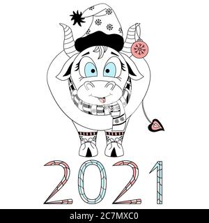 Süßer Bulle. Chinesisches Neujahr 2021 Jahr des Bullen. Tierox in Weihnachtskleidung, Schal und Hut und Weihnachtskugel-Spielzeug auf dem Ohr. Vertikales Poster Stock Vektor