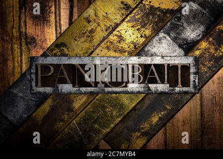 Panicbait Text mit echten authentischen Buchstaben auf vintage texturierten Silber Grunge Kupfer und Gold Hintergrund gebildet Stockfoto