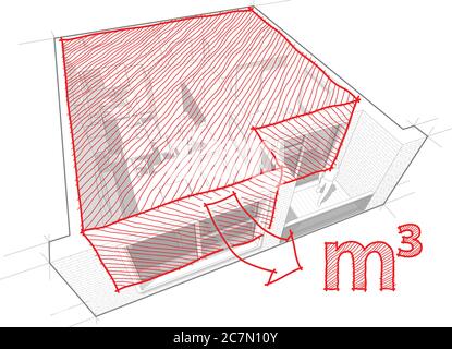 Perspektivisches weggeschnittenes Diagramm einer Wohnung mit einem Schlafzimmer komplett mit rot handgezeichneten architektonischen Raum und Kubikmeter Skizze eingerichtet Stock Vektor