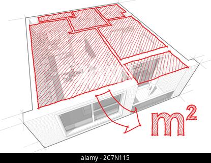 Perspektivisches Schnittdiagramm einer Wohnung mit einem Schlafzimmer komplett mit rot handgezeichneten architektonischen Grundriss eingerichtet Stock Vektor