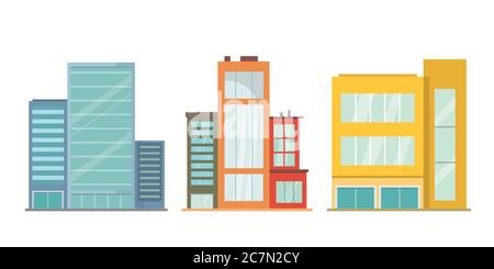 Satz von Häusern, Wolkenkratzern und Bürogebäuden, isoliert auf weißem Hintergrund, flache Vektorgrafik Stock Vektor