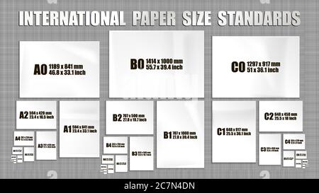 Vollständiger Satz internationaler ISO-Formatstandards für Papierblätter der Serien A, B, C. Mock up von realistischen weißen Papierseiten in verschiedenen Formaten Stock Vektor