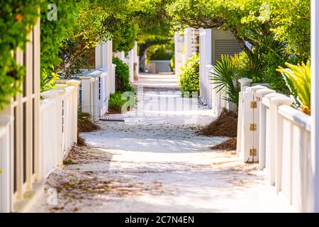 Seaside, Florida weißen Strand Holz Architektur Pfad Weg mit grünen Landschaftsbau Sträucher Büsche in Sonnenlicht und niemand Stockfoto