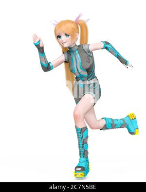 Blonde Mädchen laufen und tragen ein sportliches Outfit auf kwaii Anime-Stil in weißem Hintergrund, 3d-Illustration Stockfoto