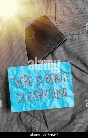 Textschild zeigt an, dass alles Schönheit hat. Business Foto die Welt zu zeigen ist eine endlose Reihe von Magie kleine Brieftasche im Menschen trous Stockfoto