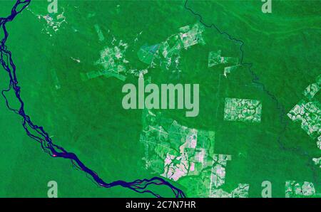 Satellitenbilder des Lakandon-Dschungels Brasiliens im Jahr 2020 werden Feldfrüchte, Flüsse und Dschungel beobachtet. Generierte und modifizierte Bilder des Sentinel-Sensors. Stockfoto