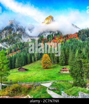 Schöner Blick auf idyllische bunte Herbstlandschaft mit Dachstein-Gipfel am Gosausee Bergsee im Herbst Salzkammergut Region Oberösterreich Stockfoto