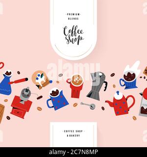 Couchshop Menü Deckvorlage mit Schriftzug, modernes Design mit handgezeichneten Doodle-Illustrationen, Restaurant- oder Cafe-Menü, Zeichnungen von Kaffeebechern Stock Vektor