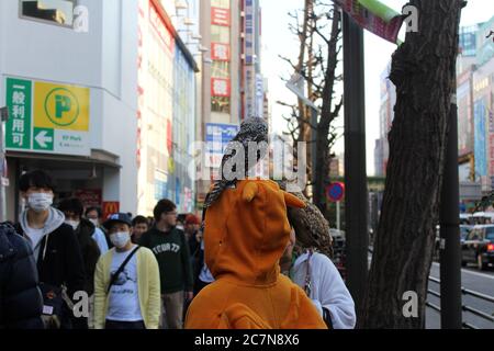 Akihabara, Tokyo, Japan - 17. März 2018: Person in orangefarbenem Kostüm mit Eule auf dem Kopf in überfüllten Straßen von Electric Town Förderung eines Eule Café. Stockfoto