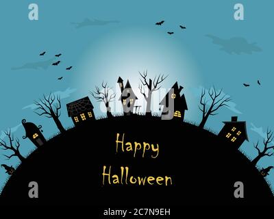 Halloween Hintergrund. Gespenstisches Dorf. Schwarze Silhouetten von Häusern und Bäumen auf blauem Hintergrund. Es gibt auch Fledermäuse und Kürbisse im Bild Stock Vektor