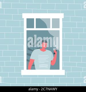Guy schaut auf das Telefon. Der junge Mann am offenen Fenster. Blick von der Straßenseite. Flippiger flacher Style. Vektorgrafik Stock Vektor