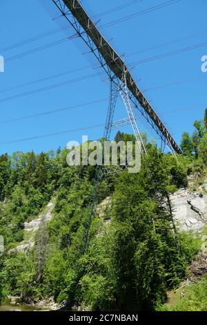 Brücke auf St. Galler Brücke Wanderweg, Fachwerkbrücke Haggen-Stein, unterstützt von Metallmasten eingebettet auf schräg dicht von Vegetation bedeckt. Stockfoto