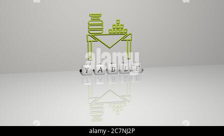 3D-Grafik-Bild der Tabelle vertikal zusammen mit Text von metallischen kubischen Buchstaben aus der oberen Perspektive gebaut, ausgezeichnet für das Konzept Präsentation und Diashows. Hintergrund und Holz Stockfoto