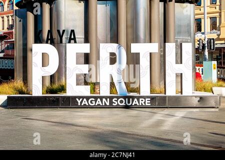 Nahaufnahme von Perth Schild am Yagan Square Stockfoto