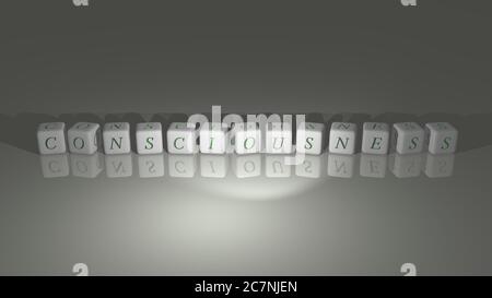 Alphabetisches BEWUSSTSEIN, angeordnet durch kubische Buchstaben auf einem Spiegelboden, Konzept Bedeutung und Präsentation in 3D Perspektive. Illustration und Hintergrund Stockfoto