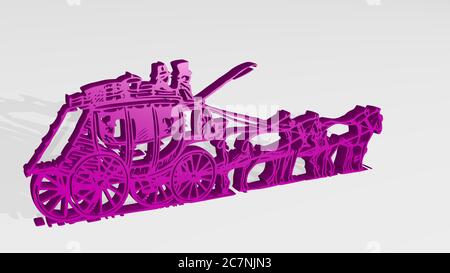 Kutsche von Pferd durch 3D-Illustration einer glänzenden Metallic-Skulptur mit dem Schatten auf hellem Hintergrund. Zug und Editorial Stockfoto