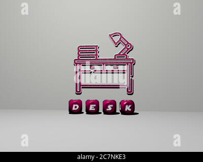 3D-Grafik des SCHREIBTISCHES vertikal zusammen mit Text von metallischen kubischen Buchstaben aus der oberen Perspektive gebaut, ausgezeichnet für das Konzept Präsentation und Diashows. Business und Hintergrund Stockfoto