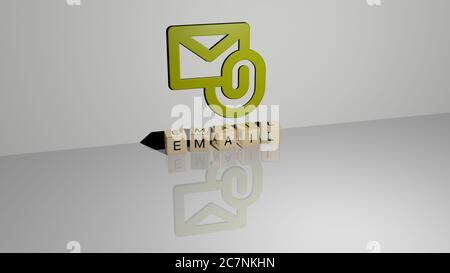 3D-Darstellung von E-MAIL mit Symbol an der Wand und Text angeordnet durch metallische kubische Buchstaben auf einem Spiegelboden für Konzept Bedeutung und Diashow-Präsentation. Illustration und Business Stockfoto