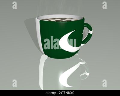 pakistan platziert auf einer Tasse heißen Kaffee in einer 3D-Darstellung auf dem Boden mit einer realistischen Perspektive und Schatten gespiegelt Stockfoto