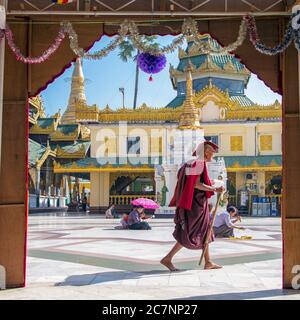 Ein buddhistischer Mönch in traditioneller Kleidung geht zwischen Tempeln an der Shwedagon Pagode in Yangon, Myanmar Stockfoto