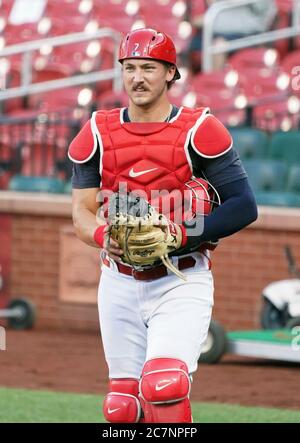 St. Louis, Usa. Juli 2020. St. Louis Cardinals Catcher Andrew Knizner bereitet sich auf ein Team-Training im Busch-Stadion in St. Louis am Samstag, 18. Juli 2020 fangen. Foto von Bill Greenblatt/UPI Kredit: UPI/Alamy Live News Stockfoto