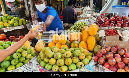 Reife Mangos mit frischen Äpfeln und Papaya zum Verkauf Ein lokaler Obstladen in Kalkutta Indien Stockfoto