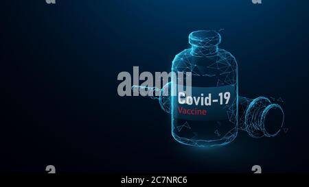 Impfstoff und Spritzeninjektion. COVID-19-Impfstoff. Poly- und Drahtmodell-Design. Vektorgrafik Stock Vektor